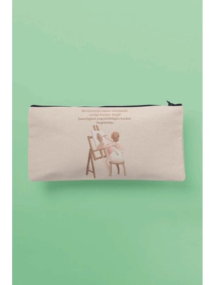 Motivasyon Baskılı Bej Çok Amaçlı Bez Çanta Kalemlik ve Cüzdan