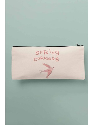 Kuş Baskılı Bez Makyaj Çantası, Kalemlik ve Cüzdan, Bej Renkli, Şık ve Pratik Tasarım