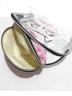 Pembe 2'li Kadın Makyaj Çantası Seti, El Askısı ve Fermuarlı, Kedi Temalı