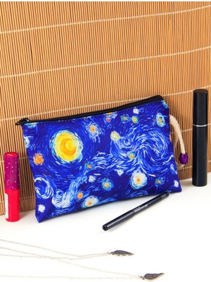 Yıldızlı Gece Desenli Orta Boy Fermuarlı Makyaj ve Kalemlik Çantası