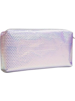 Hologram Gümüş Kare Tırtıklı Makyaj Çantası, Şık ve Kullanışlı Tasarım