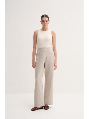 Zesyna Natürel %100 Keten Düğme Ve Kanca Kapamalı Yüksek Bel Rahat Pantolon