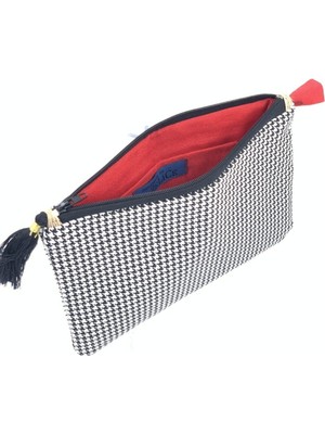 Şık Siyah Beyaz Kazayağı Desenli Makyaj Çantası - Pratik ve Zarif Tasarım