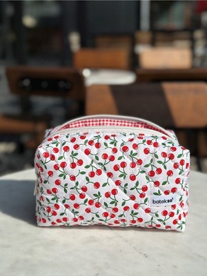 Mini Kiraz Desenli Şık Makyaj Çantası, Büyük Boy, Kırmızı Renk