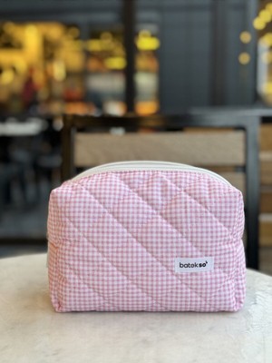 Pembe Kare Desenli Geniş Kapasiteli Makyaj Çantası