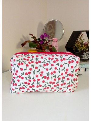 Kiraz Desenli Pamuk Müslin Makyaj Çantası, Fermuarlı ve Geniş Hacimli Organizer