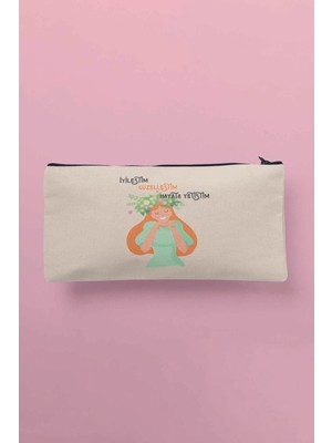 Motivasyon Baskılı Bej Bez Çanta Kalemlik ve Cüzdan Çok Amaçlı Kullanım