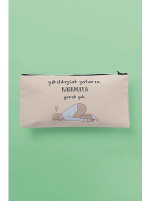 Bej Baskılı Bez Makyaj Çantası Kalemlik Cüzdan, Şık ve Kullanışlı Çok Amaçlı Tasarım