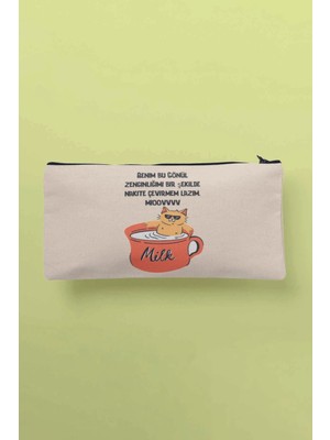 Bej Baskılı Çok Amaçlı Bez Çanta, Kalemlik ve Cüzdan Için Ideal Seçenek