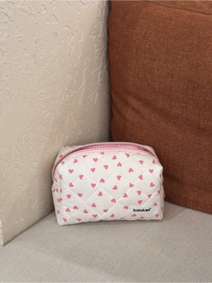 Şık Pembe Kalp Desenli Orta Boy Makyaj Çantası