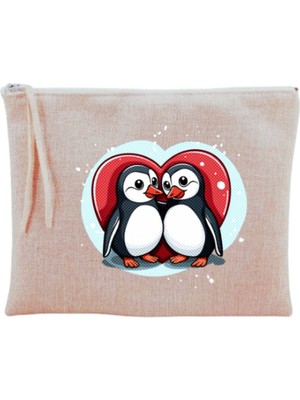 Kalpli Penguen Desenli Şık Makyaj Çantası, Bej Renkli ve Kullanışlı Tasarım