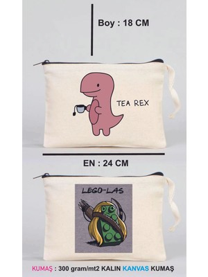 Tea Rex ve Legolas Baskılı Ekru Kanvas Clutch Makyaj Çantası