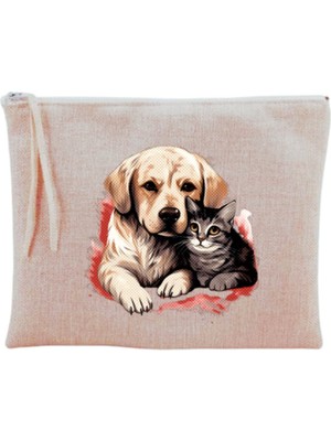 Kedi ve Köpek Desenli Şık Makyaj Çantası Bej Renk