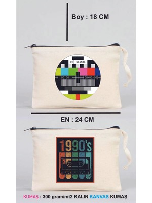 1990'LAR Kaset Baskılı Ekru Kanvas Clutch Makyaj Çantası, Şık ve Kullanışlı Tasarım