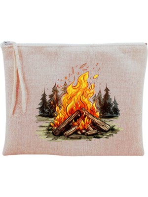 Şık Bej Kamp Ateşi Baskılı Makyaj Çantası