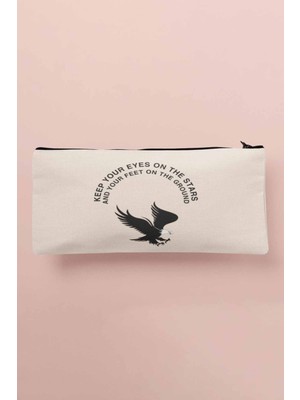 Kuş ve Yıldız Desenli Bej Çok Amaçlı Örgü Çanta, Kalemlik ve Cüzdan.