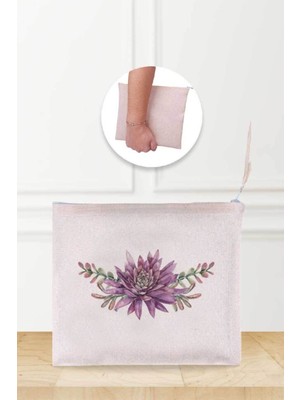 Mor Sukulent Desenli Keten Makyaj Çantası, Şık ve Kullanışlı Tasarım
