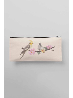 Dallarda Cıvıl Cıvıl Kuşlar Baskılı Bej Bez Makyaj Çantası Kalemlik Cüzdan