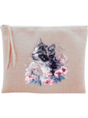 Çiçekli Kedi Desenli Makyaj Çantası Bej Renkli, Şık ve Kullanışlı Tasarım