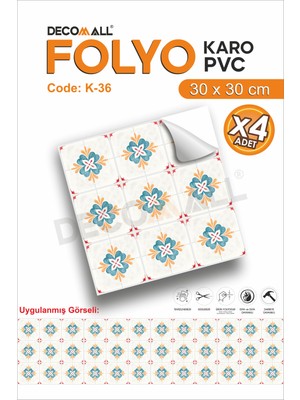 K-36 Kendinden Yapışkanlı Folyo Suya Dayanıklı Mutfak Banyo Zemin Kaplama 30X30CM (Laminasyonlu)