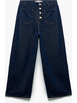 Koton Normal Paça Düğmeli Yüksek Bel Pamuklu Geniş Paça Crop Jean Pantolon - Wide Leg Jeans