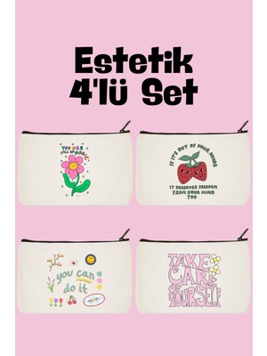 Şık 4'lü Makyaj, Kalemlik ve Cüzdan Seti, Beyaz Renkli, Estetik Tasarım