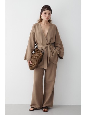 Sütlü Kahve Pamuklu Kimono Bol Paça Pantolon Takım