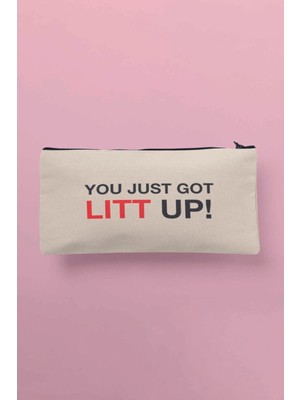 Şık Baskılı Bez Makyaj Çantası ve Kalemlik, Bej Renkli, Kullanışlı Tasarım