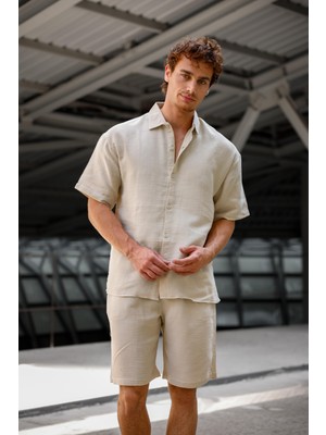 Krem Renk Keten Görünümlü Müslin Yazlık Takım - Gömlek ve Şort Erkek Takım
