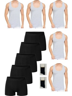 Ekonomik Pamuklu 5'li Erkek Beyaz Atlet-Boxer Set 2 Çift Çorap Hediyeli
