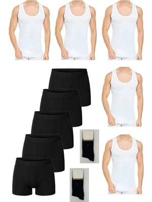 Ekonomik Pamuklu 5'li Erkek Beyaz Atlet-Boxer Set 2 Çift Çorap Hediyeli