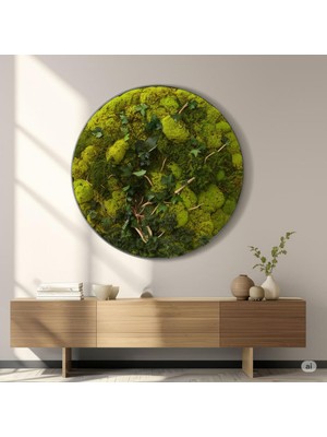 70 cm Yuvarlak Doğal Yosun Duvar Dekoru | El Yapımı, Ahşap Çerçeveli, Bakım Gerektirmez Akustik Sanat Paneli