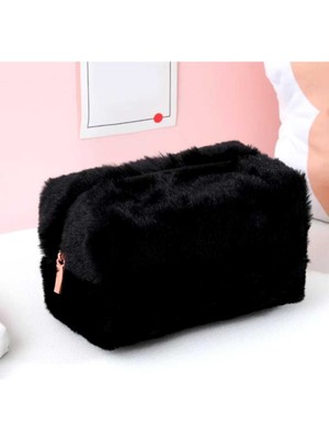 Şık Siyah Peluş Seyahat ve Makyaj Çantası, Pratik ve Kullanışlı Tasarım