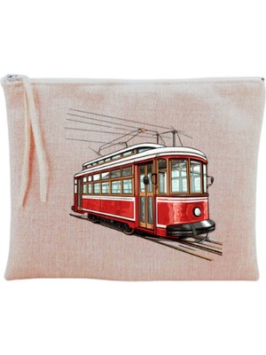 Şık ve Kullanışlı Tramvay Desenli Makyaj Çantası, Bej Renk Seçeneğiyle.