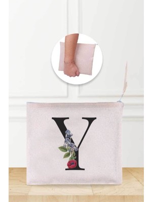 Y Harfli Desenli Keten Makyaj Çantası, Şık ve Kullanışlı Tasarım ile Güzelliğinize Renk Katar