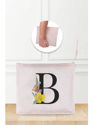 B Harfli Desenli Keten Makyaj Çantası, Şık ve Kullanışlı Tasarım