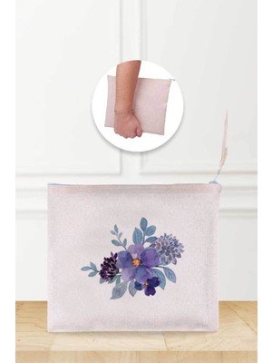 Mor Çiçek Desenli Keten Makyaj Çantası, Bej Renkli, Şık ve Hafif Tasarım