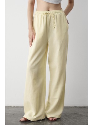 Sarı Beli Lastikli Pamuklu Keten Pantolon