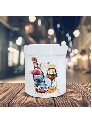 Şarap Şişesi ve Bardak Baskılı Küllük Kül Tablası