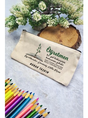 Isme Özel Öğretmenler Günü Hediyesi Fermuarlı Kumaş Kalemlik Bej