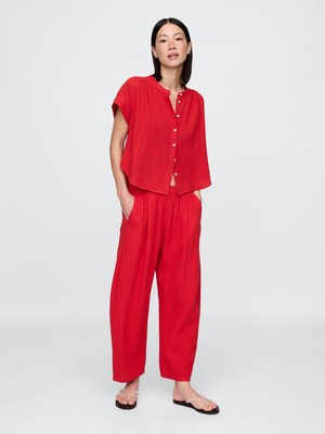 Gap Kadın Kırmızı Crinkle Gauze Easy Barrel Pantolon