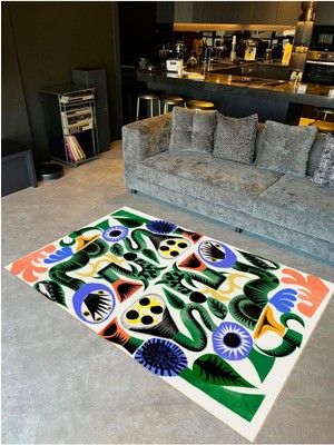 Buse Koleksiyonu Çok Renkli Soyut Şekiller Desenli Dokuma Taban Modern Dekoratif Halı BUSE13