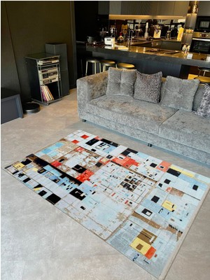 Barcelona Koleksiyonu Mavi Tonlarda Soyut Kare Geometrik Desenli Modern Dekoratif Halı 59