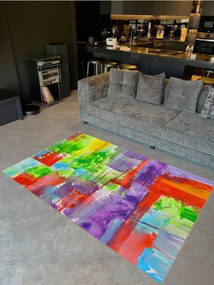 Buse Koleksiyonu Çok Renkli Yağlı Boya Görünümlü Dokuma Taban Modern Dekoratif Halı BUSE22