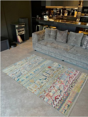 Barcelona Koleksiyonu Çok Renkli Karma Etnik Motifler ve Figürler Desenli Vintage Dekoratif Halı 21