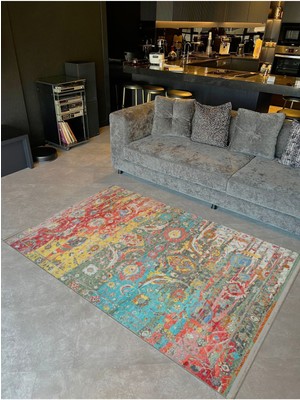 Barcelona Koleksiyonu Çok Renkli Soyut Motifler ve Geleneksel Desenli Vintage Dekoratif Halı 40