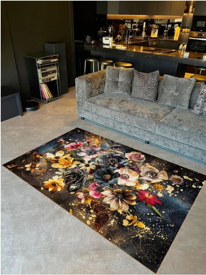 Buse Koleksiyonu Koyu Tonlarda Renkli Çiçekler Temalı Dokuma Taban Modern Dekoratif Halı BUSE12