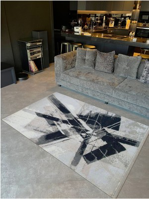 Barcelona Koleksiyonu Siyah Gri Temalı Soyut Geometrik Grafiti Desenli Modern Dekoratif Halı 06