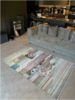 Barcelona Koleksiyonu Çok Renkli Geometrik Motifler Desenli Vintage Dekoratif Halı 27