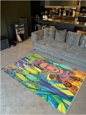 Barcelona Koleksiyonu Çok Renkli Tropikal Papağan Maymun Insan Figürü Desen Modern Dekoratif Halı 04